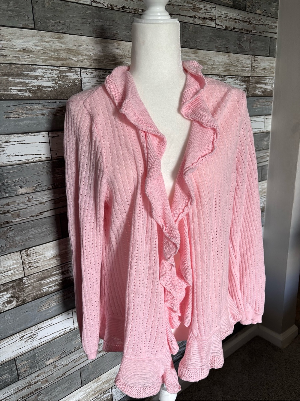Chaps Pointelle Coquette Ruffle Open Front Draping Cardigan Pink Womens L